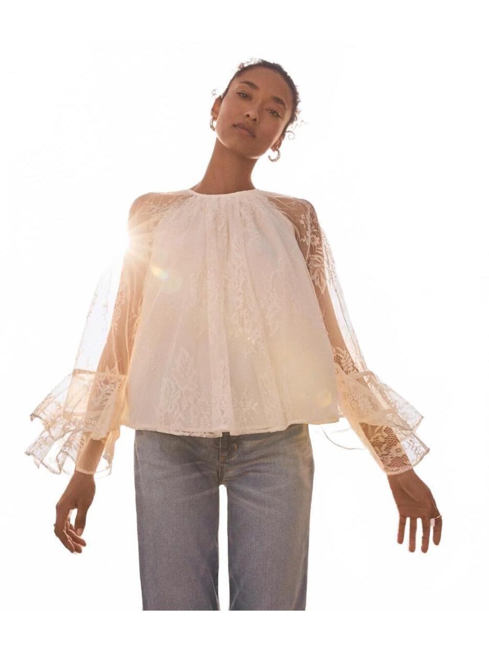 NWT Loft Chantilly Lace Top Cream Womens Large Flare Sleeve Blouse Lace Coquette